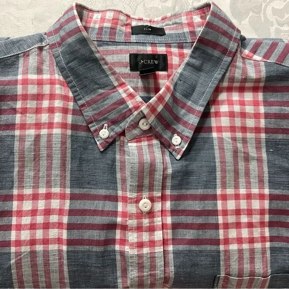 J. Crew linen Red and Blue Plaid Casual Button Down Shirt men size XL